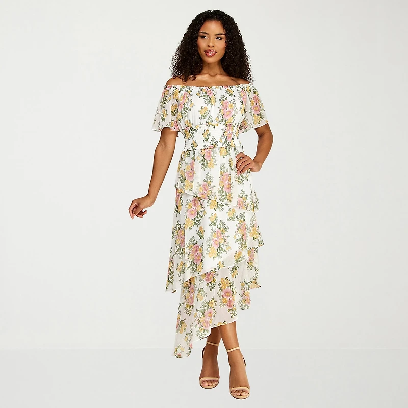 Premier Amour Womens Short Sleeve Off The Shoulder Floral Midi Fit + Flare Dress