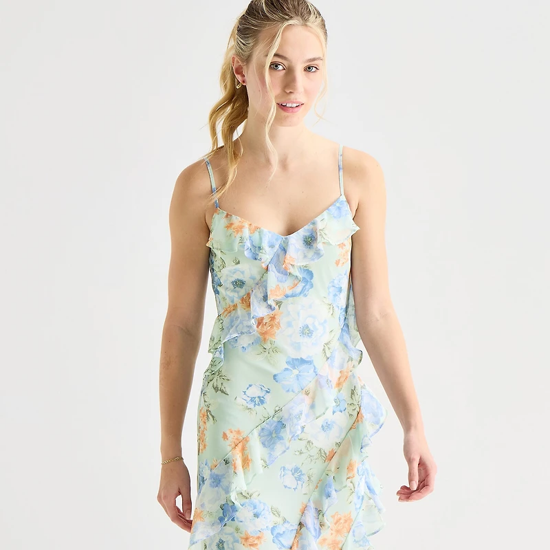 by&by Womens Juniors Sleeveless Floral Midi Slip Dress