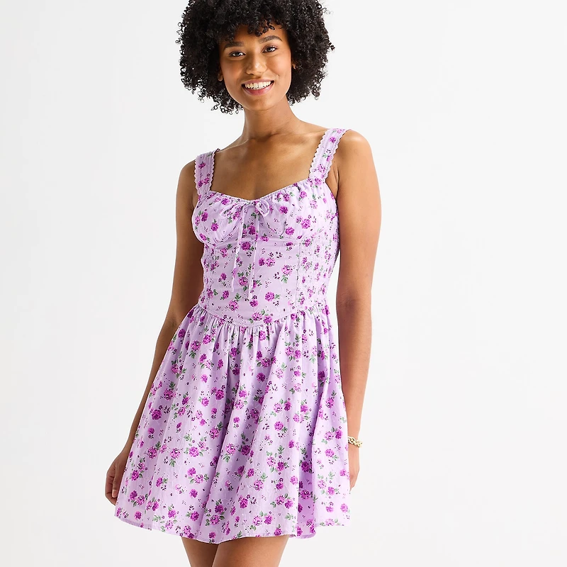 by&by Womens Juniors Sweetheart Neck Sleeveless Floral Fit + Flare Dress
