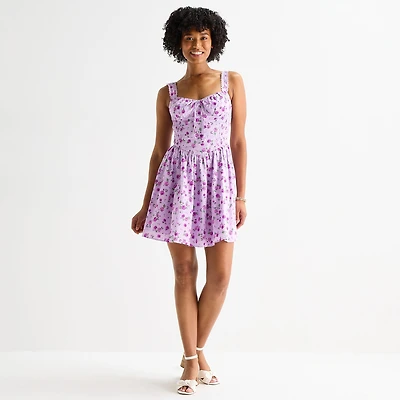 by&by Womens Juniors Sweetheart Neck Sleeveless Floral Fit + Flare Dress
