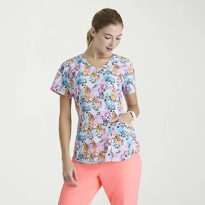 Skechers Skt021 Essence 3-Pocket Print Womens V Neck Short Sleeve Tag Free Stretch Fabric Moisture Wicking Scrub Top