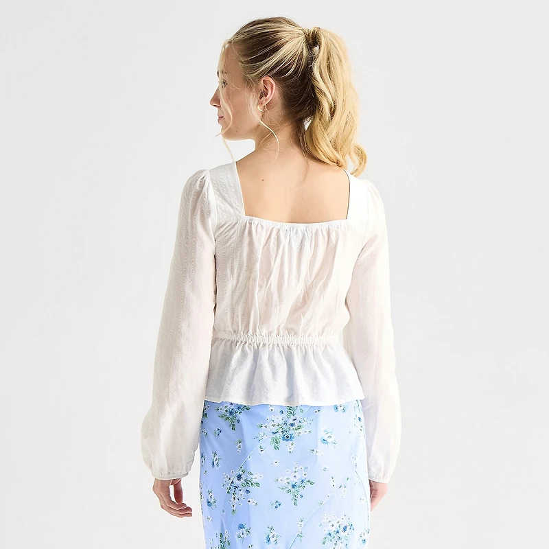 by&by Womens Juniors Square Neck Long Sleeve Blouse
