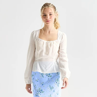by&by Womens Juniors Square Neck Long Sleeve Blouse