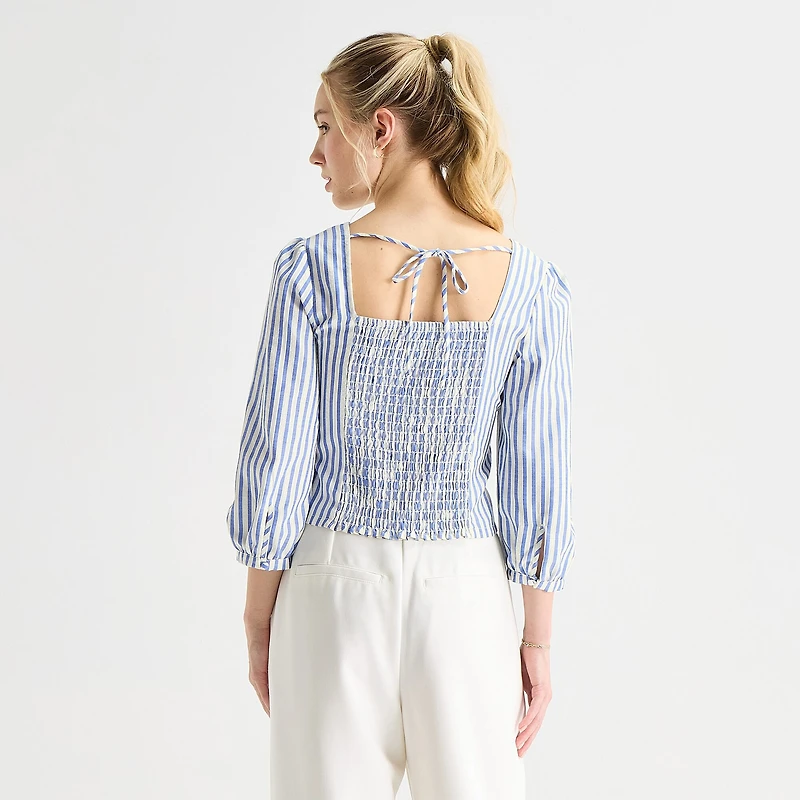 by&by Womens Juniors Straight Neck 3/4 Sleeve Blouse