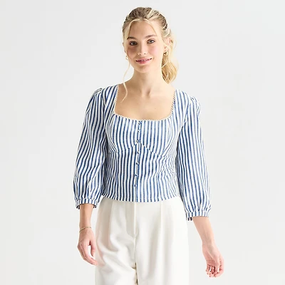 by&by Womens Juniors Straight Neck 3/4 Sleeve Blouse