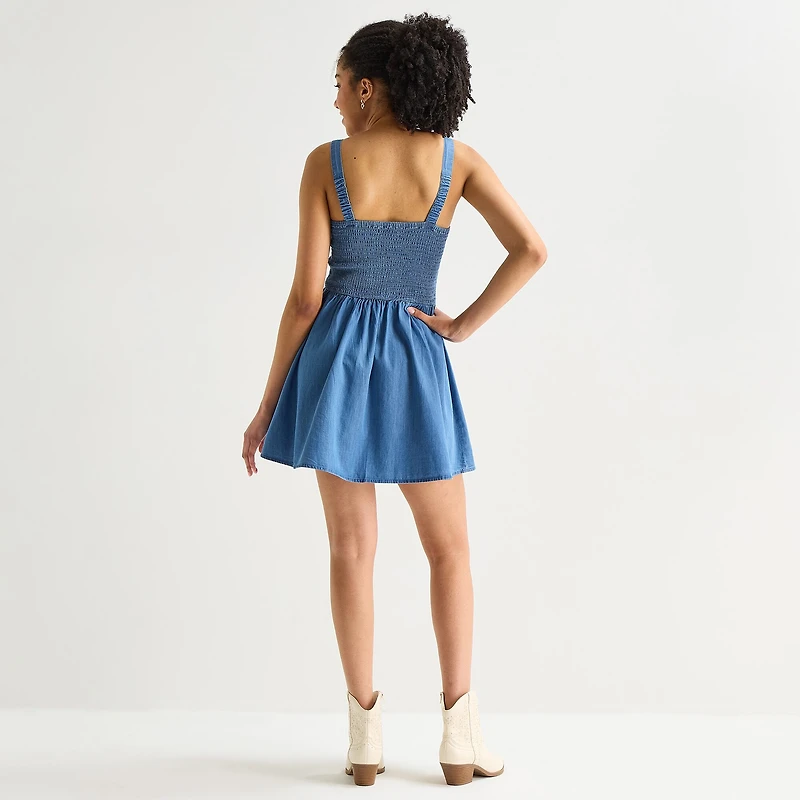 Arizona Womens Juniors Square Neck Sleeveless Babydoll Dress