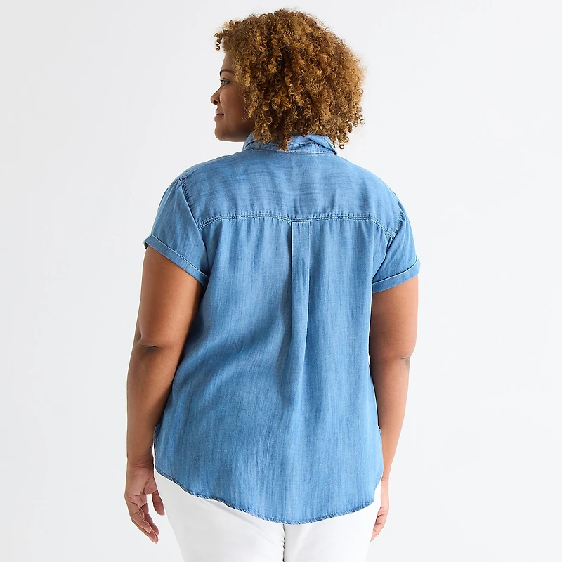St. John's Bay Womens Plus Roll Short Sleeve Regular Fit Button-Down Shirt