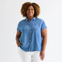 St. John's Bay Womens Plus Roll Short Sleeve Regular Fit Button-Down Shirt