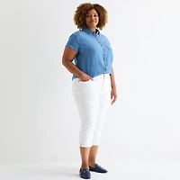 St. John's Bay Womens Plus Roll Short Sleeve Regular Fit Button-Down Shirt