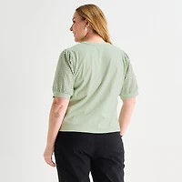 Liz Claiborne Womens Plus Split Crew Neck Elbow Sleeve Blouse