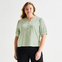 Liz Claiborne Womens Plus Split Crew Neck Elbow Sleeve Blouse
