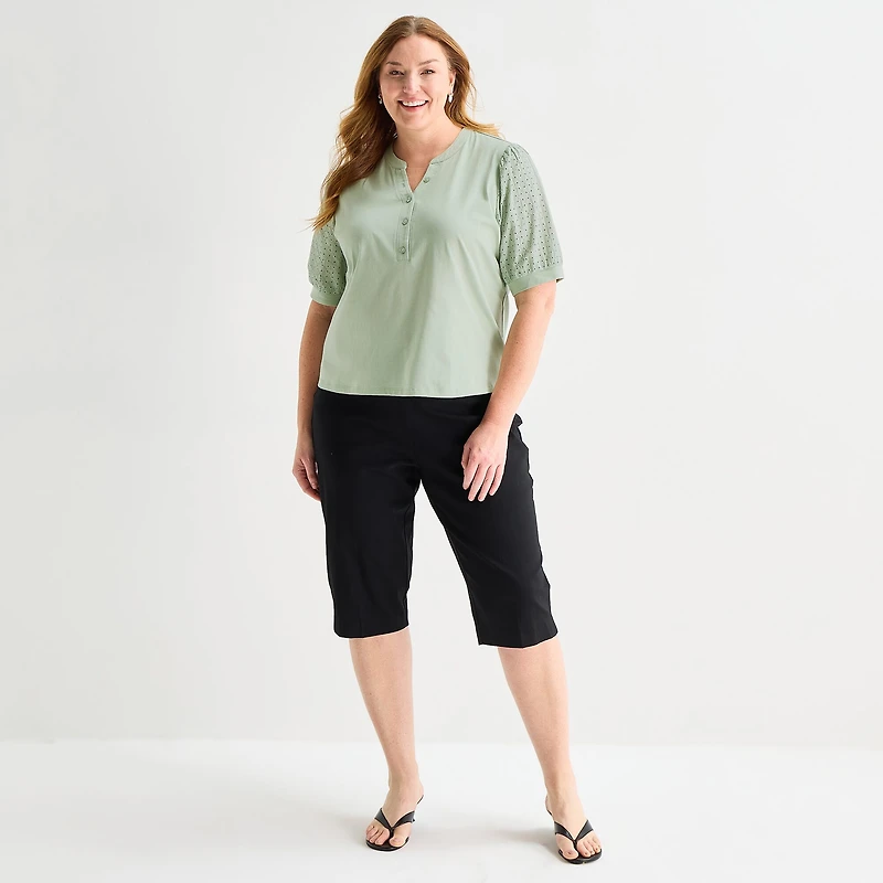 Liz Claiborne Womens Plus Split Crew Neck Elbow Sleeve Blouse