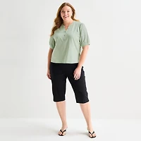 Liz Claiborne Womens Plus Split Crew Neck Elbow Sleeve Blouse