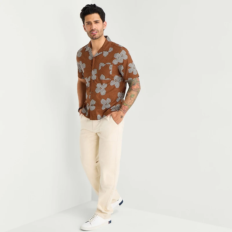 mutual weave Mens Short Sleeve Camp Shirt