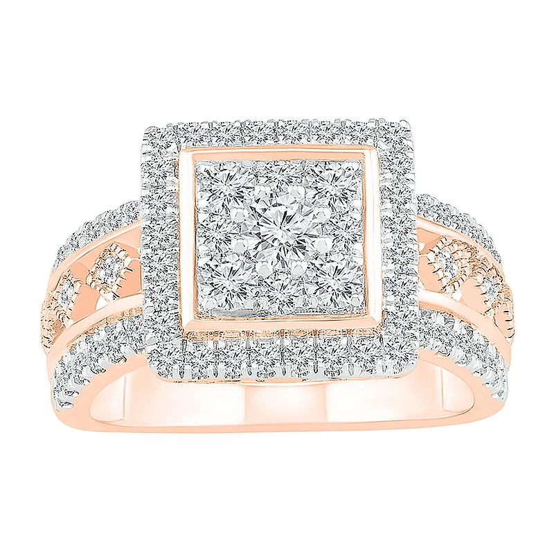 Womens 1 CT. T.W. Natural White Diamond 10K Gold Square Halo Cocktail Ring
