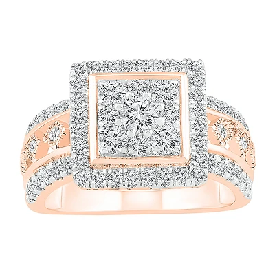 Womens 1 CT. T.W. Natural White Diamond 10K Gold Square Halo Cocktail Ring
