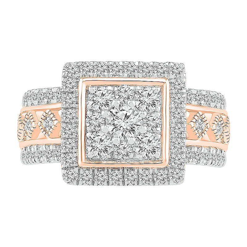 Womens 1 CT. T.W. Natural White Diamond 10K Gold Square Halo Cocktail Ring
