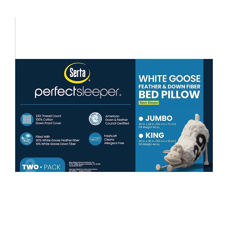Serta White Goose Feather Back Sleeper 2-Pack Pillow