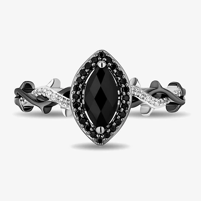 Enchanted Disney Fine Jewelry Womens 1/8 CT. T.W. Genuine Black Onyx Sterling Silver Marquise Maleficent Halo Side Stone Cocktail Ring