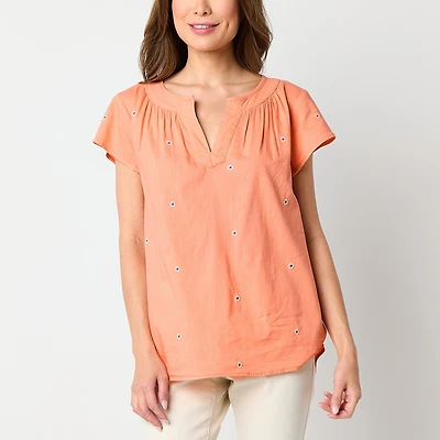 St. John's Bay Womens Tall Split Crew Neck Short Sleeve Embroidered Blouse