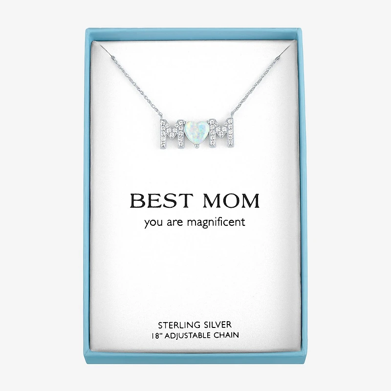 "Mom" Womens Lab Created White Opal Sterling Silver Heart 18 Inch Pendant Necklace