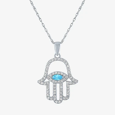 Womens Genuine Blue Topaz Sterling Silver Hamsa 18 Inch Pendant Necklace