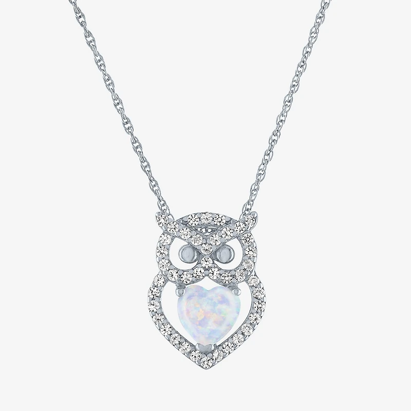 Owl Womens Lab Created White Opal Sterling Silver 18 Inch Pendant Necklace