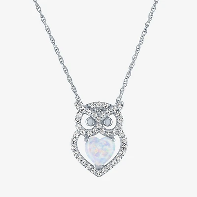 Owl Womens Lab Created White Opal Sterling Silver 18 Inch Pendant Necklace