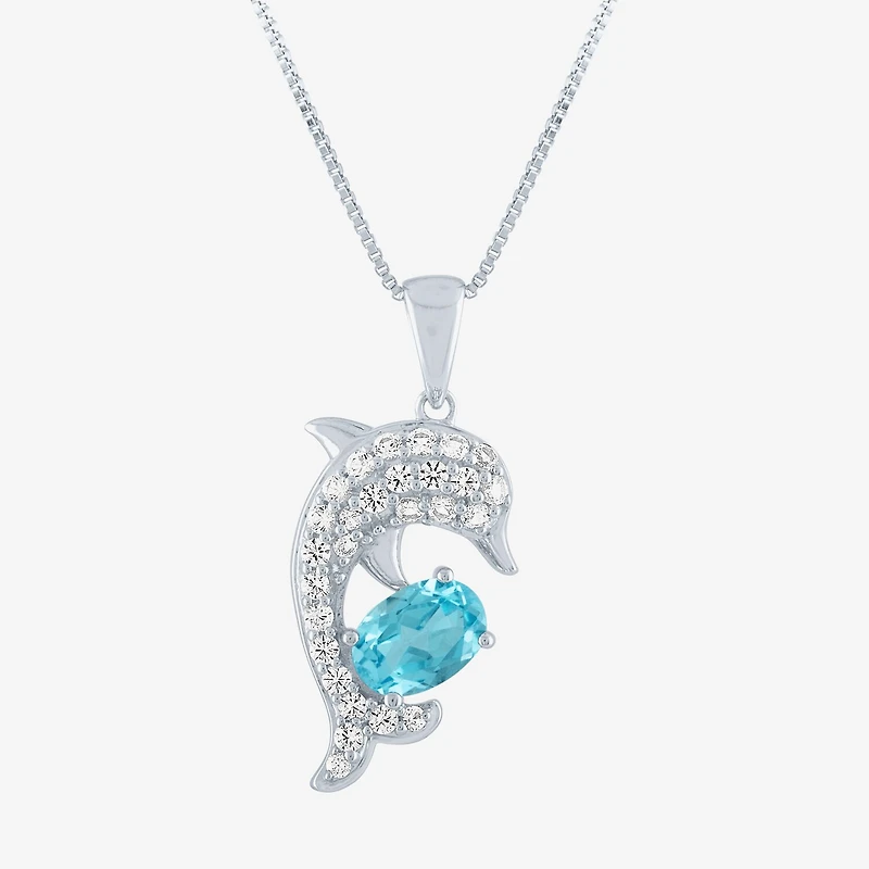 Womens Genuine Blue Topaz Sterling Silver Dolphin Pendant Necklace