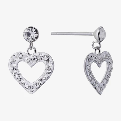 Silver Treasures Womens Crystal Sterling Silver Heart Drop Earrings