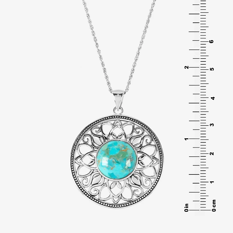 Womens Enhanced Blue Turquoise Sterling Silver Round 18 Inch Pendant Necklace