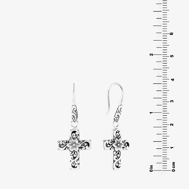 Bali Inspired Womens Sterling Silver Cross Drop Earrings