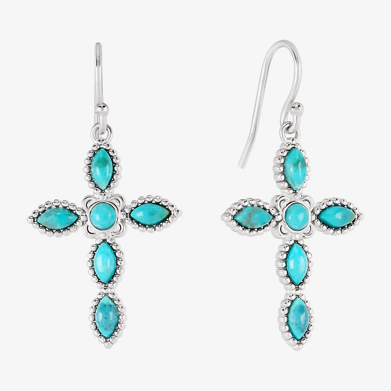 Womens Blue Turquoise Sterling Silver Cross Drop Earrings