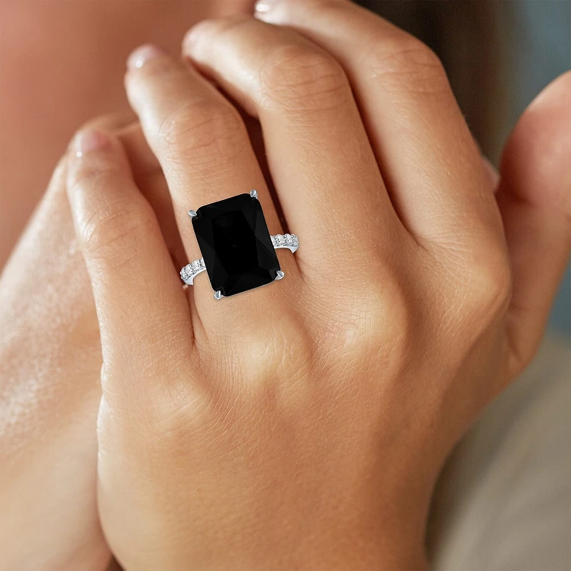 Womens Genuine Black Onyx Sterling Silver Side Stone Cocktail Ring