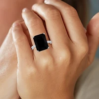 Womens Genuine Black Onyx Sterling Silver Side Stone Cocktail Ring