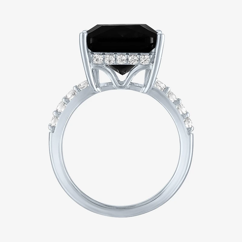 Womens Genuine Black Onyx Sterling Silver Side Stone Cocktail Ring