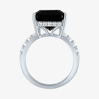 Womens Genuine Black Onyx Sterling Silver Side Stone Cocktail Ring