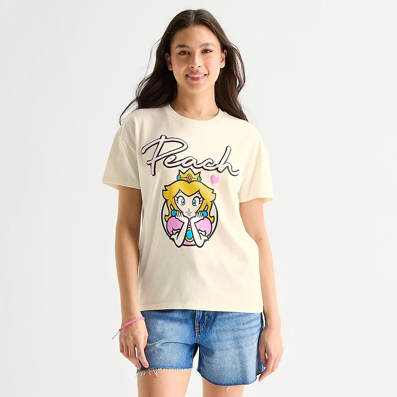 Womens Juniors Crew Neck Short Sleeve Regular Fit Princess Peach Graphic T-Shirt