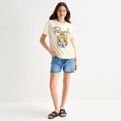 Womens Juniors Crew Neck Short Sleeve Regular Fit Princess Peach Graphic T-Shirt