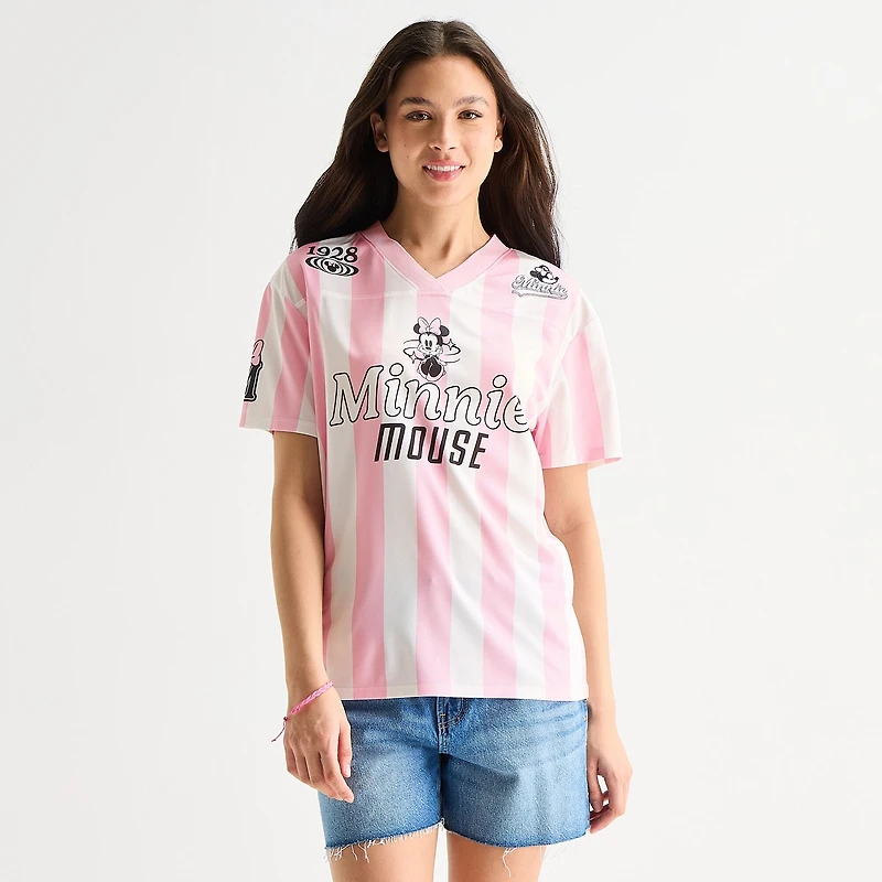 Womens Juniors V Neck Short Sleeve Minnie Mouse Jersey
