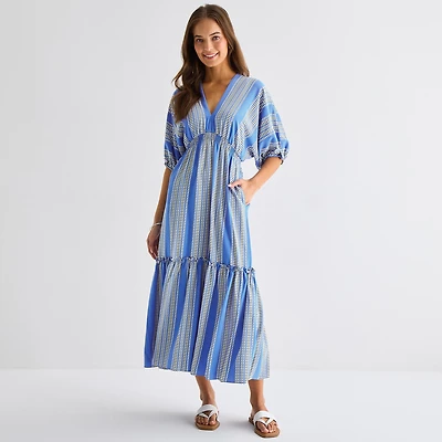 Melonie T Womens V Neck Short Sleeve Dolman Maxi Dress