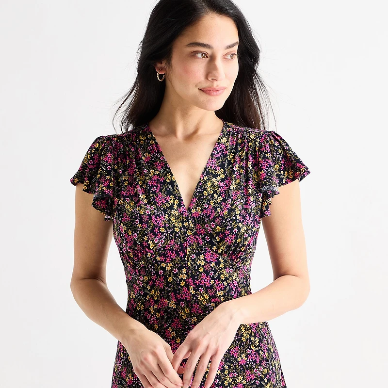 MSK Womens V Neck Short Sleeve Flutter Maxi Dress
