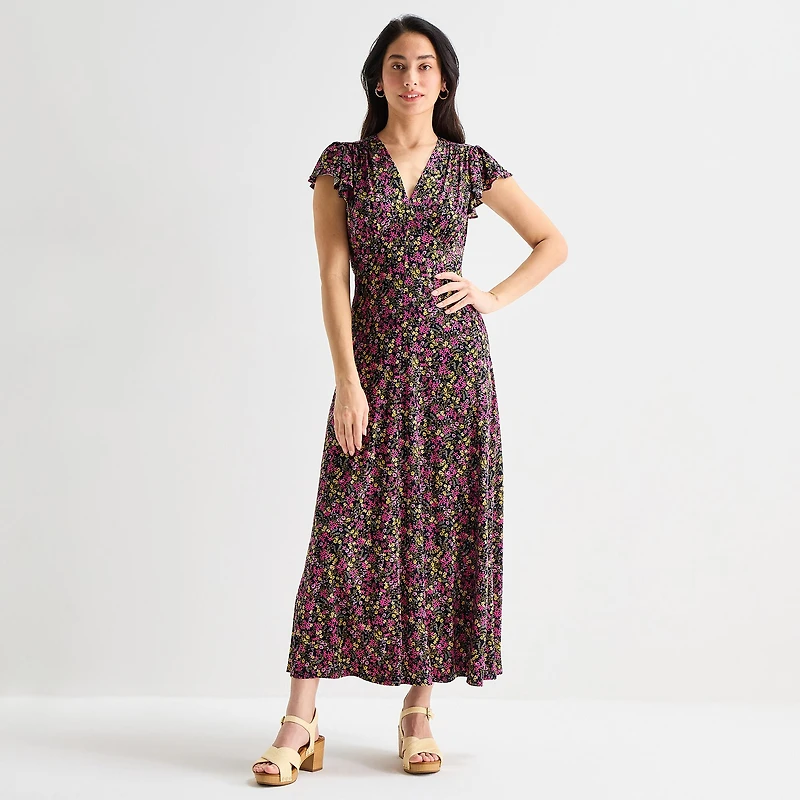 MSK Womens V Neck Short Sleeve Flutter Maxi Dress