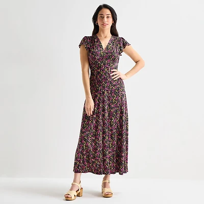 MSK Womens V Neck Short Sleeve Flutter Maxi Dress