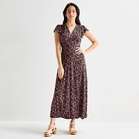 MSK Womens V Neck Short Sleeve Flutter Maxi Dress