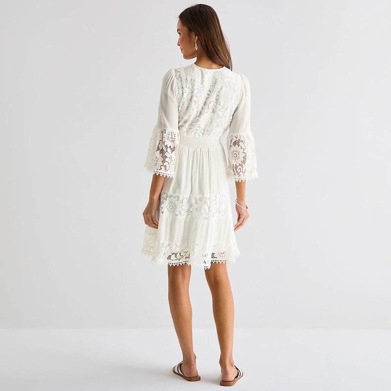 Isabel & Nina Womens V Neck 3/4 Sleeve Bell Fit + Flare Dress