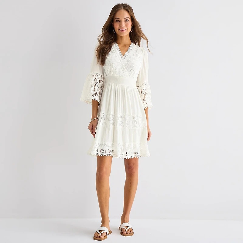 Isabel & Nina Womens V Neck 3/4 Sleeve Bell Fit + Flare Dress