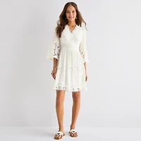 Isabel & Nina Womens V Neck 3/4 Sleeve Bell Fit + Flare Dress