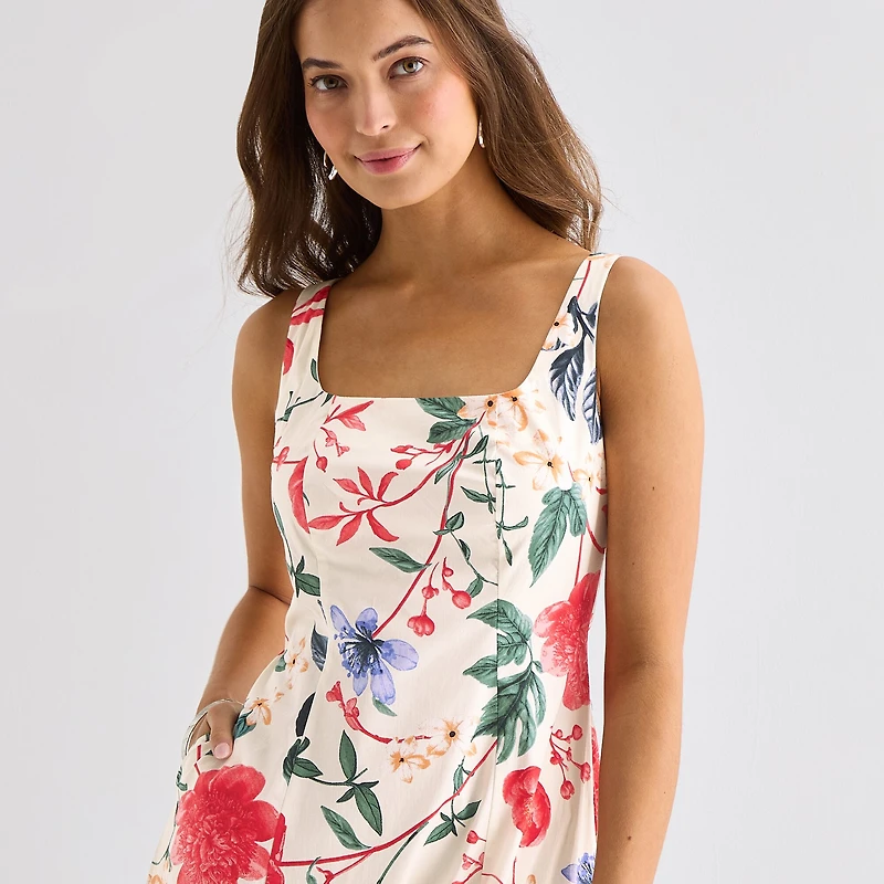 Melonie T Womens Midi Square Neck Sleeveless Floral Fit + Flare Dress