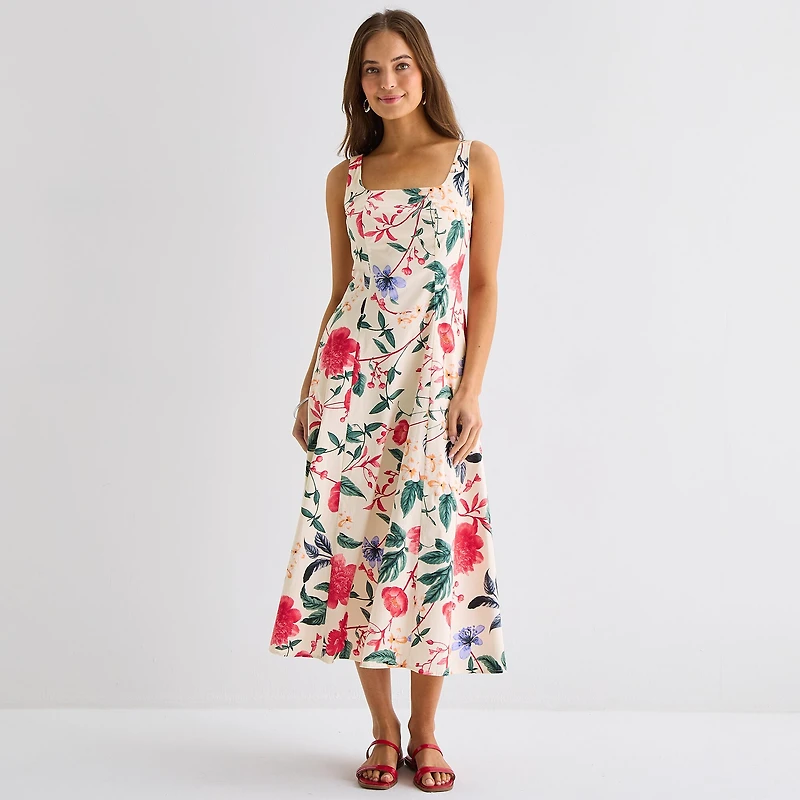 Melonie T Womens Midi Square Neck Sleeveless Floral Fit + Flare Dress